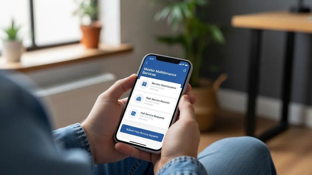 Customer using mobile application for elevator maintenance services, emphasizing streamlined communication and service management