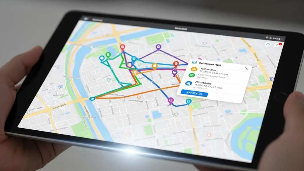 Digital depiction of optimized routes for technician dispatch management