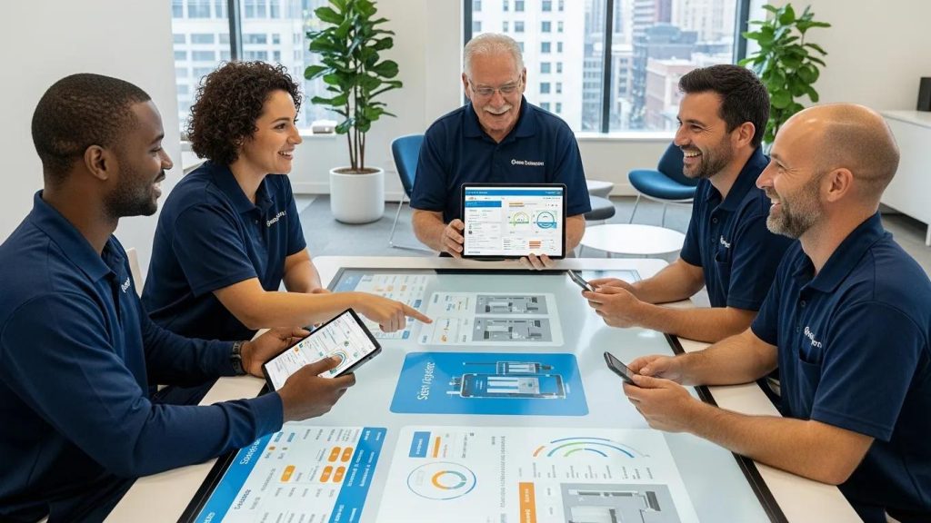 Diverse elevator technicians collaborating using service management software, showcasing teamwork and technology benefits