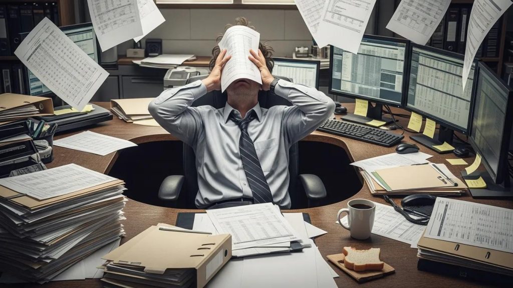 Frustrated office worker with scattered spreadsheets, highlighting operational inefficiencies in elevator contracting