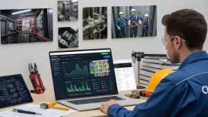 Elevator technician reviewing field service management software interface and elevator equipment reports.