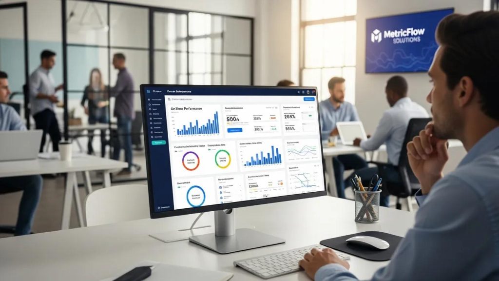 Manager analyzing performance metrics for elevator service scheduling