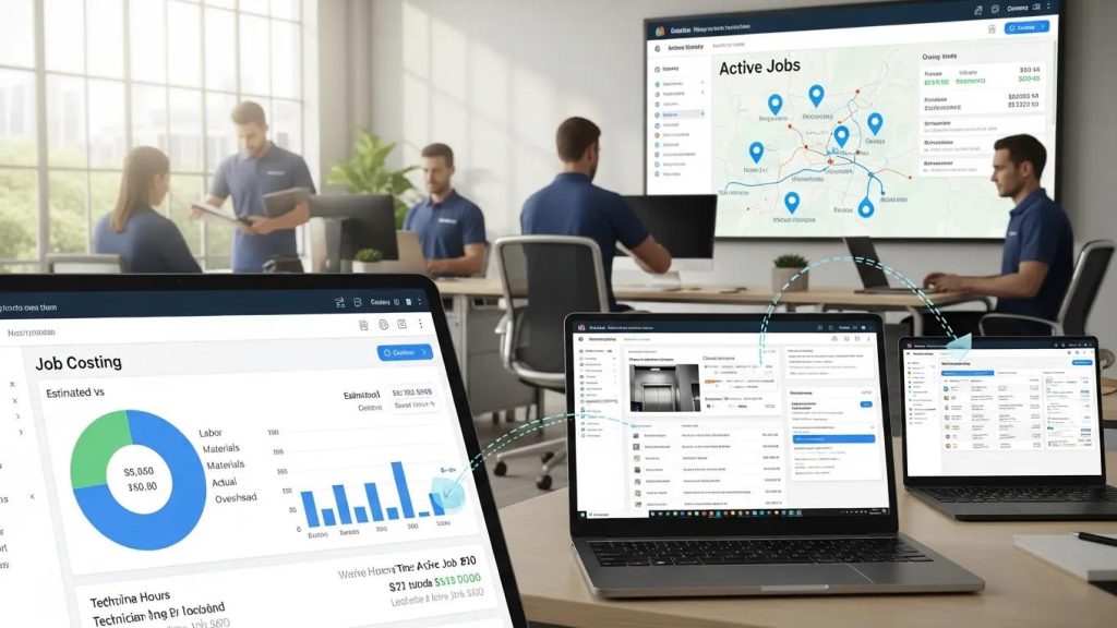 Multiple software interfaces illustrating integration in elevator service workflows