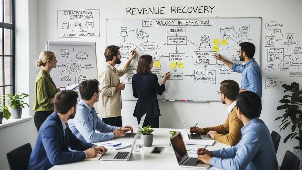 Team brainstorming strategies for recovering lost revenue from missed billing, emphasizing collaboration and innovative solutions