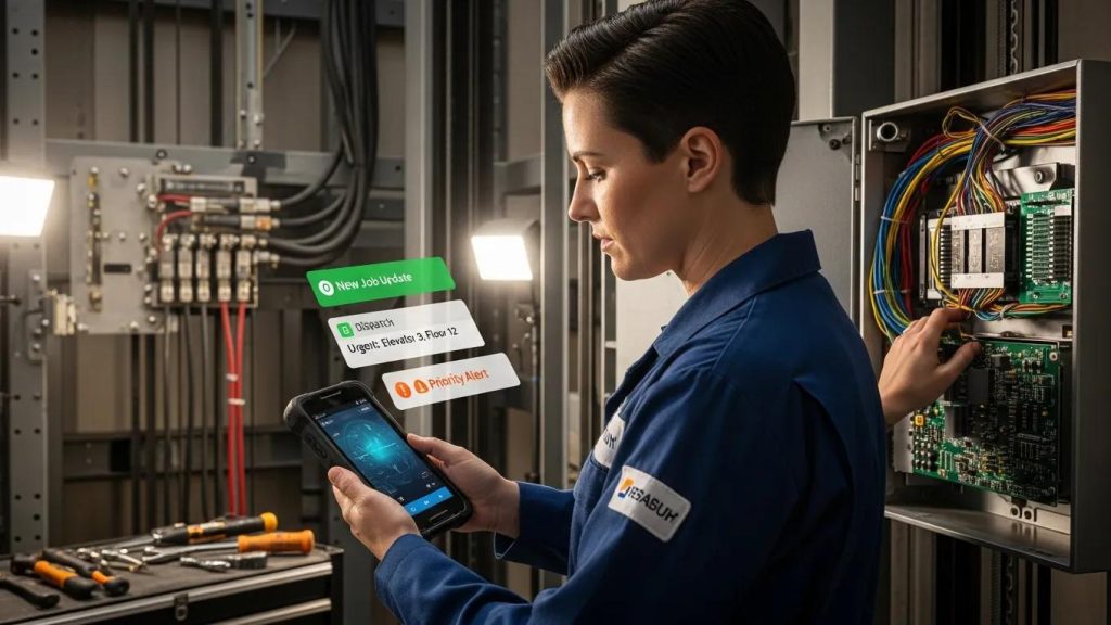 Technician receiving real-time job updates on a mobile device while working