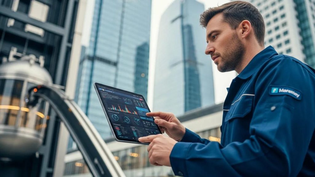 Technician using a tablet for data analysis in elevator maintenance strategies